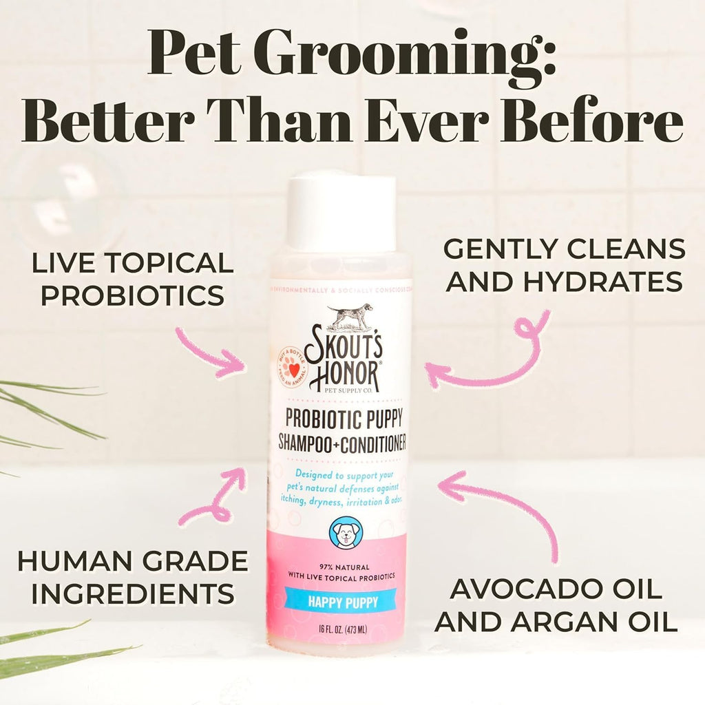 Skout's Honor Happy Puppy pet grooming wash showing ingredient list and usage instructions