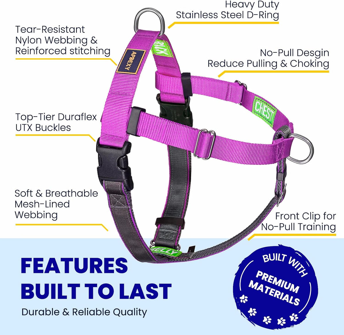 Large dog wearing Apdexy purple no pull harness