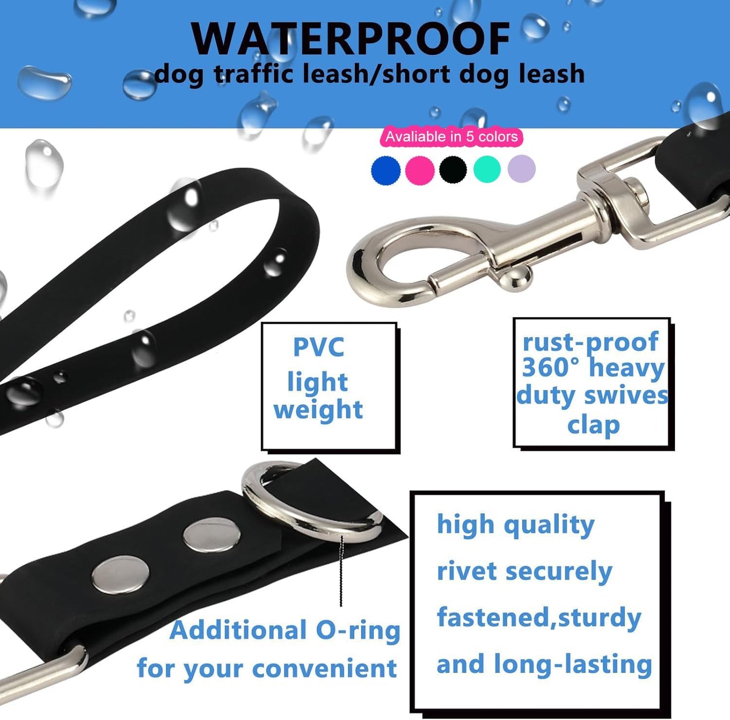 Waterproof PVC short dog lead close up on silver swivel hook