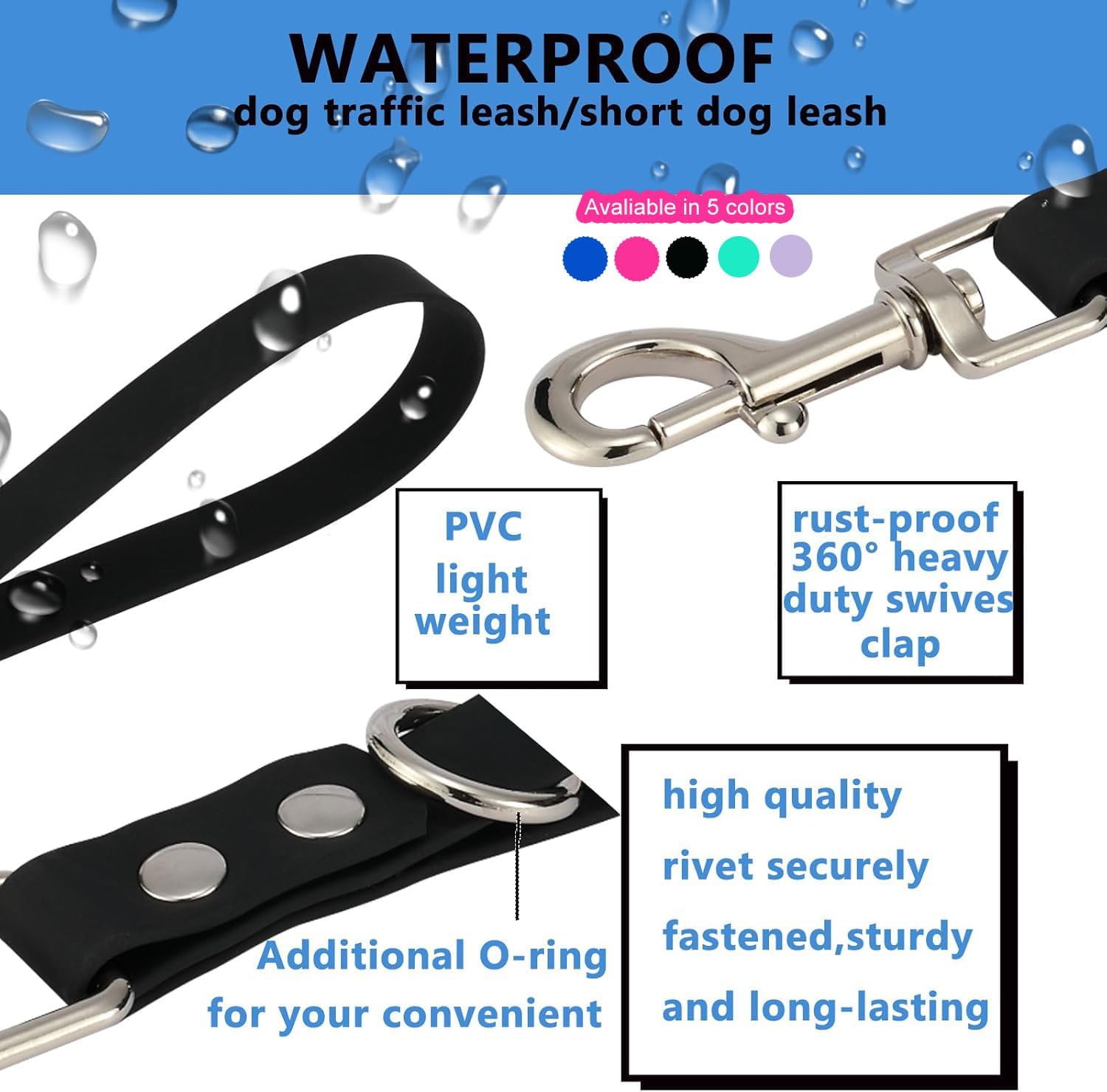 Waterproof PVC short dog lead close up on silver swivel hook