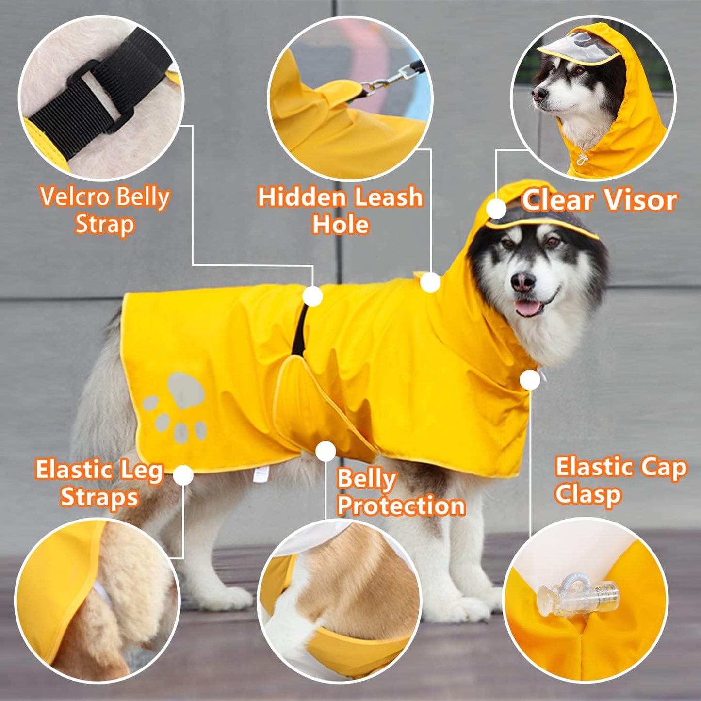 Yellow waterproof pet rain jacket with transparent hood brim details.