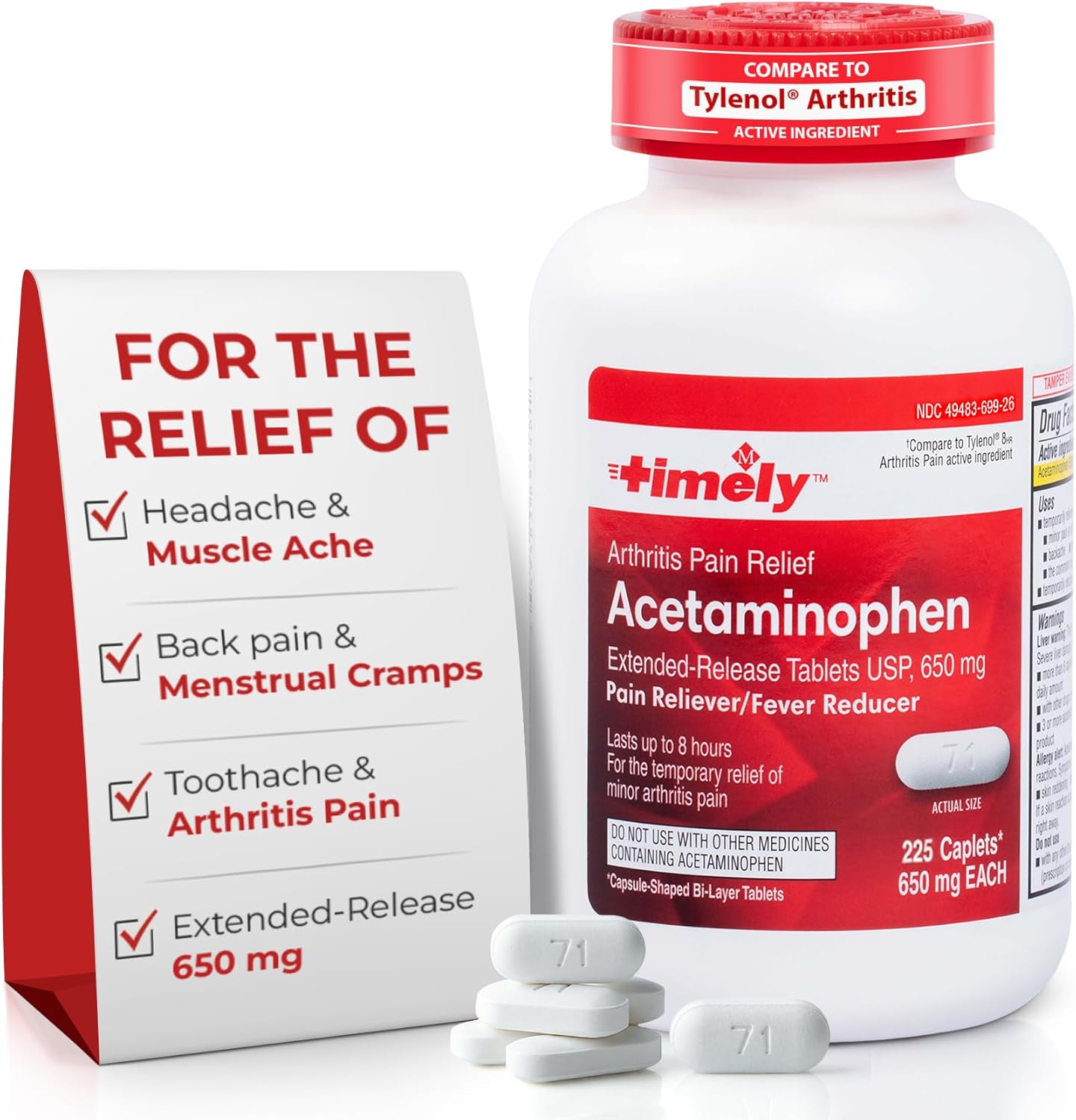 TIME-Cap Labs 225 Caplets Extended Release Acetaminophen 650mg - Pain Reliever & Fever Reducer for Adults, Helps with Headaches, Backaches, Muscle Pain, Toothaches & Menstrual Cramps - Image 1