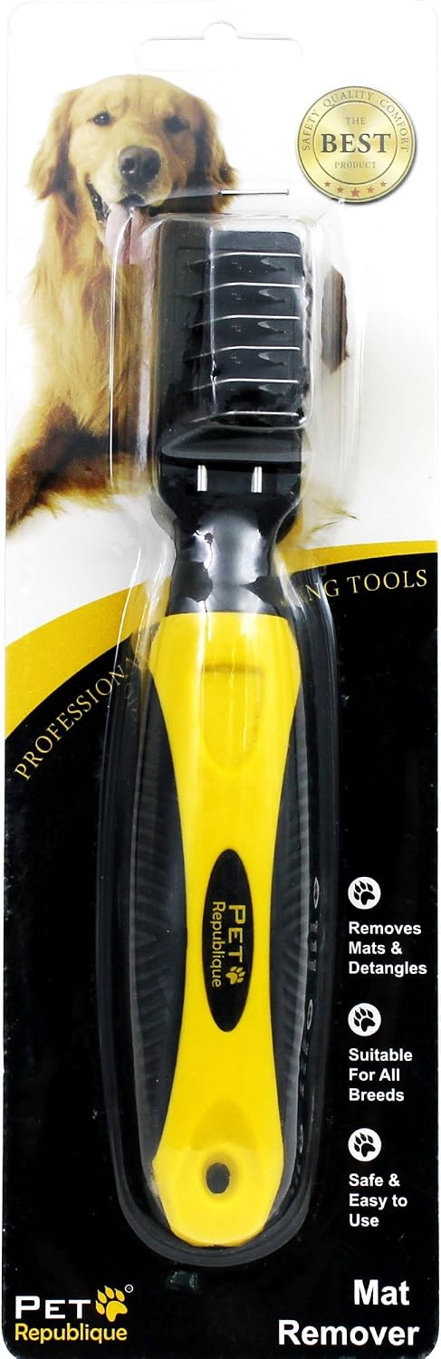 Pet Republique pet dematting comb safely removing stubborn undercoat knots from long hair fur.