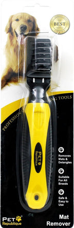 Pet Republique pet dematting comb safely removing stubborn undercoat knots from long hair fur.