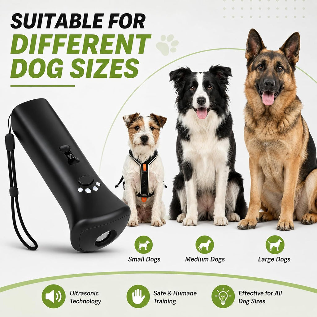 Handheld dog bark deterrent demonstrating the 32 feet range functionality indoors