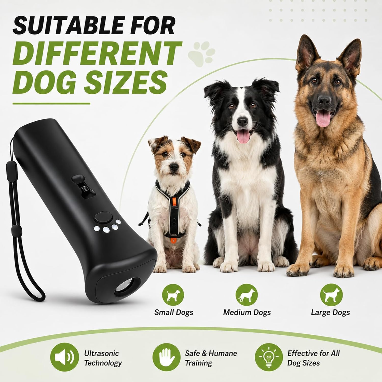 Handheld dog bark deterrent demonstrating the 32 feet range functionality indoors