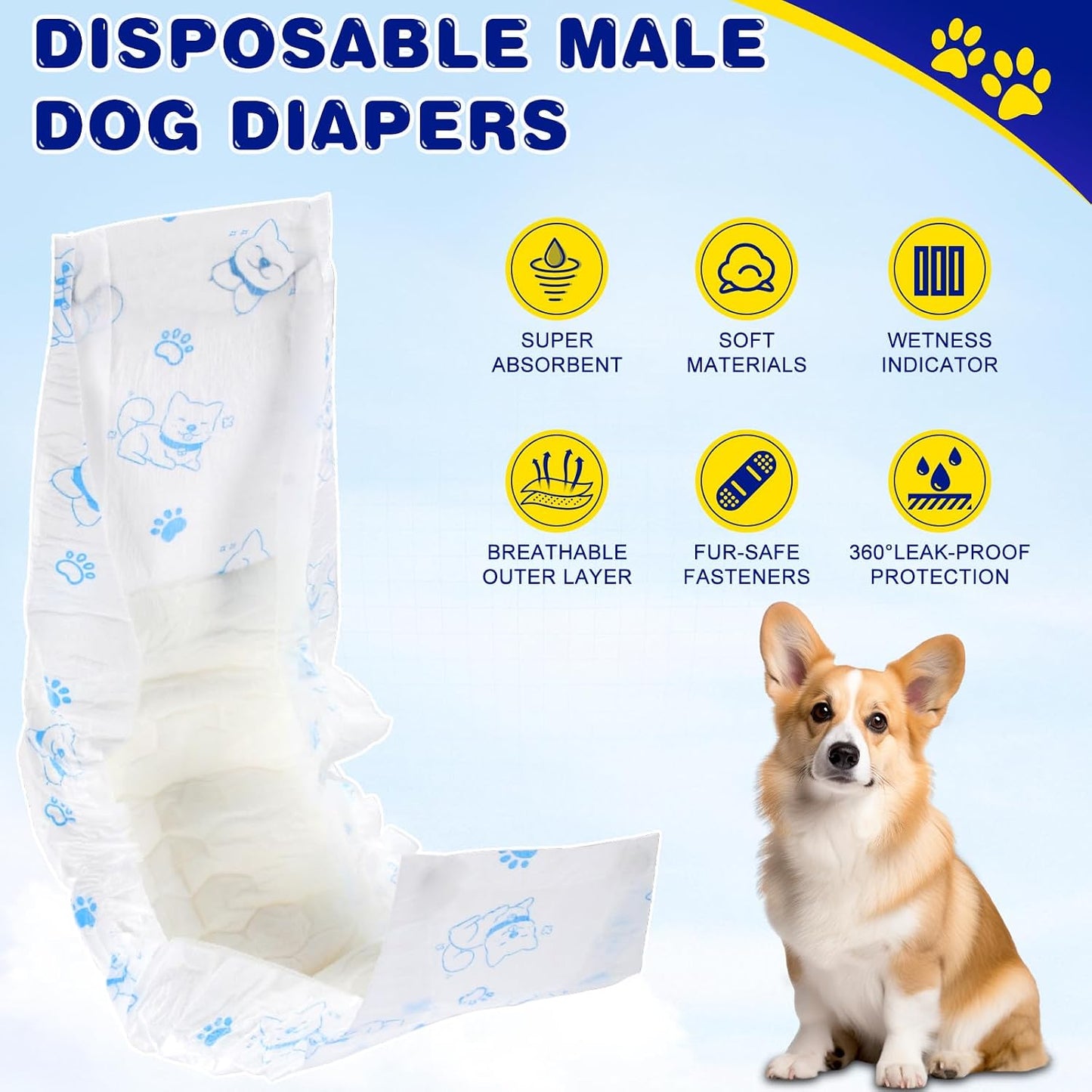Sizing chart for XPCARE disposable male wraps illustrating measurement guidelines for a small dog waist.