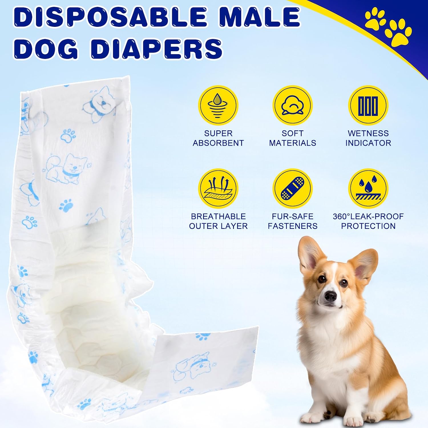 Sizing chart for XPCARE disposable male wraps illustrating measurement guidelines for a small dog waist.