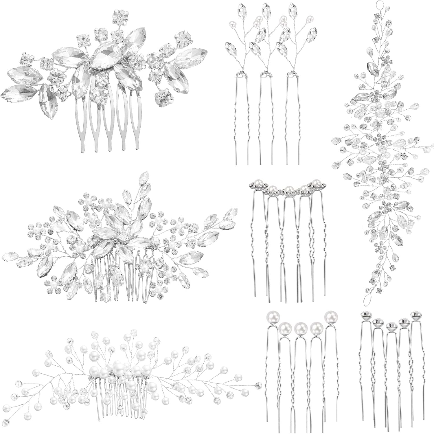 Maitys 44 pieces wedding hair accessories set front view showing elegant bridal side combs and pearl pins