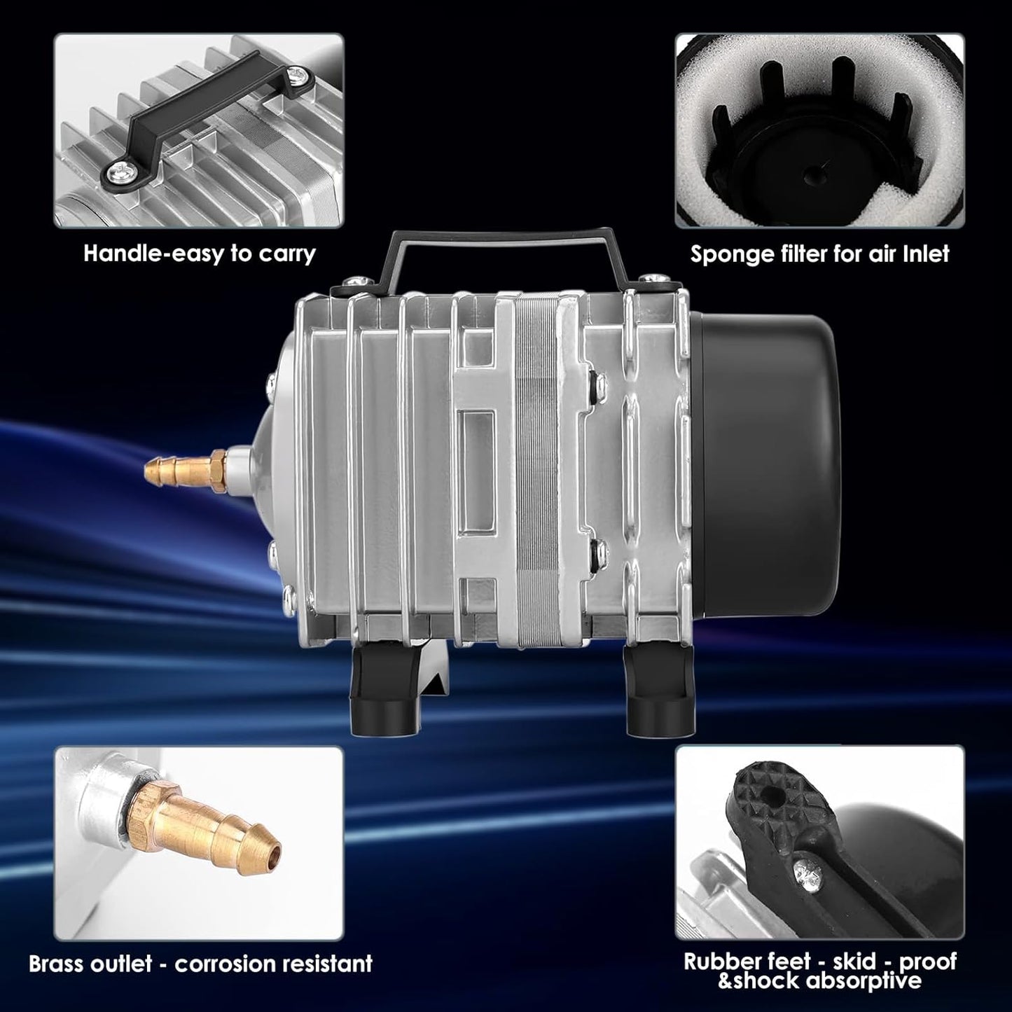 Fumak aquarium pond aerator showing air outlet connections