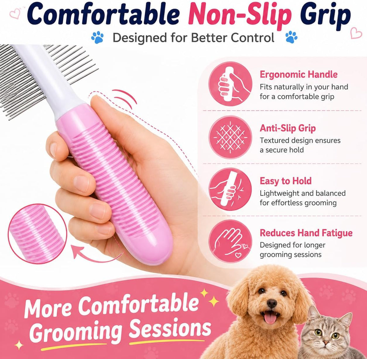 Pet Believe dog comb handle and ergonomic grip design