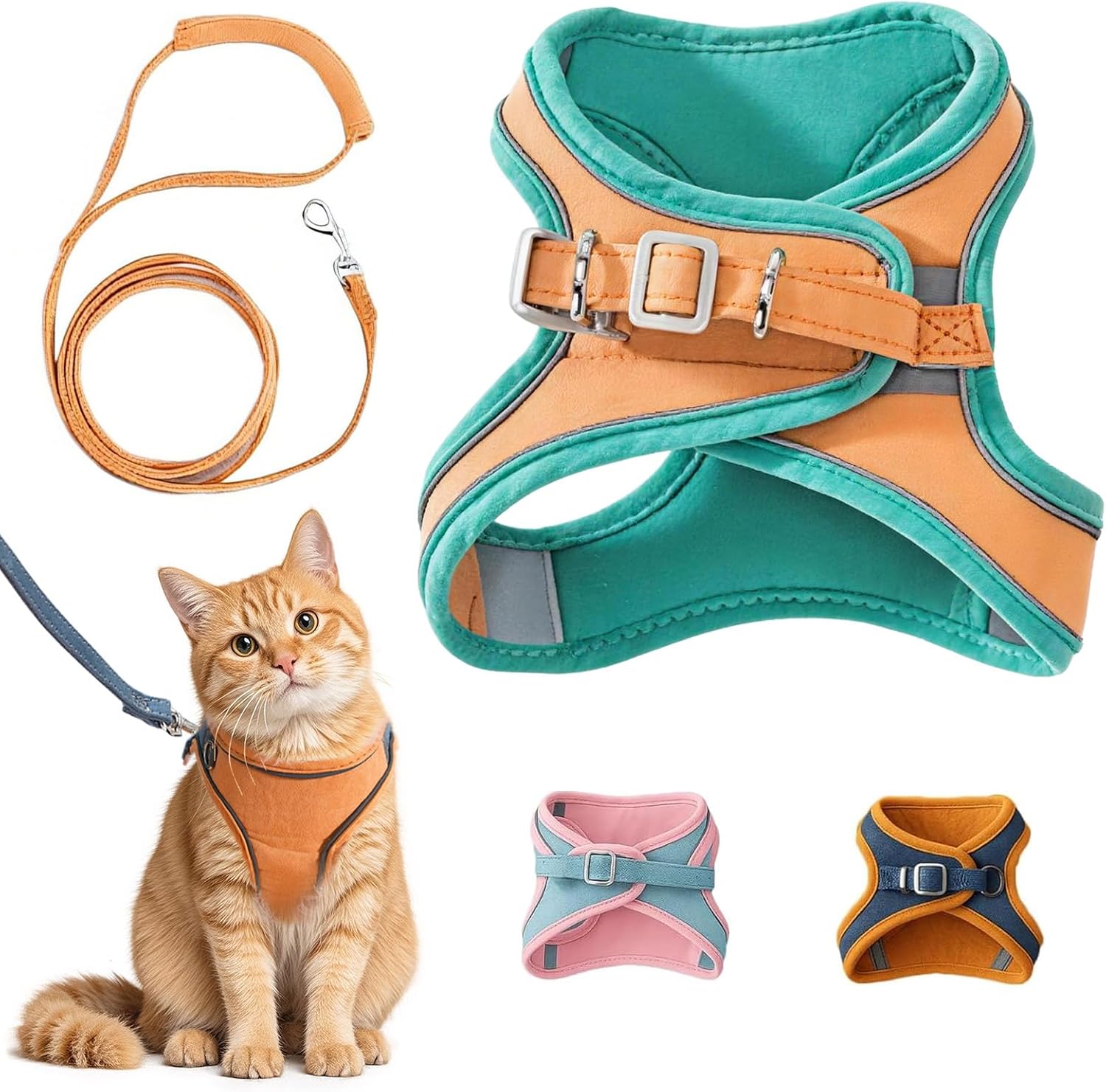 Full cat harness and leash set laid flat showing accessories