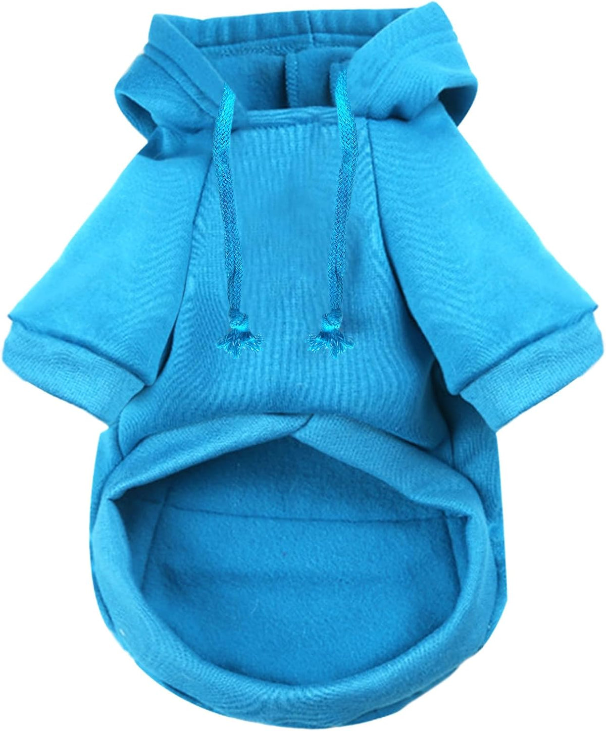Close up view of the adjustable rope hat drawstrings on the small dog sweatshirt.