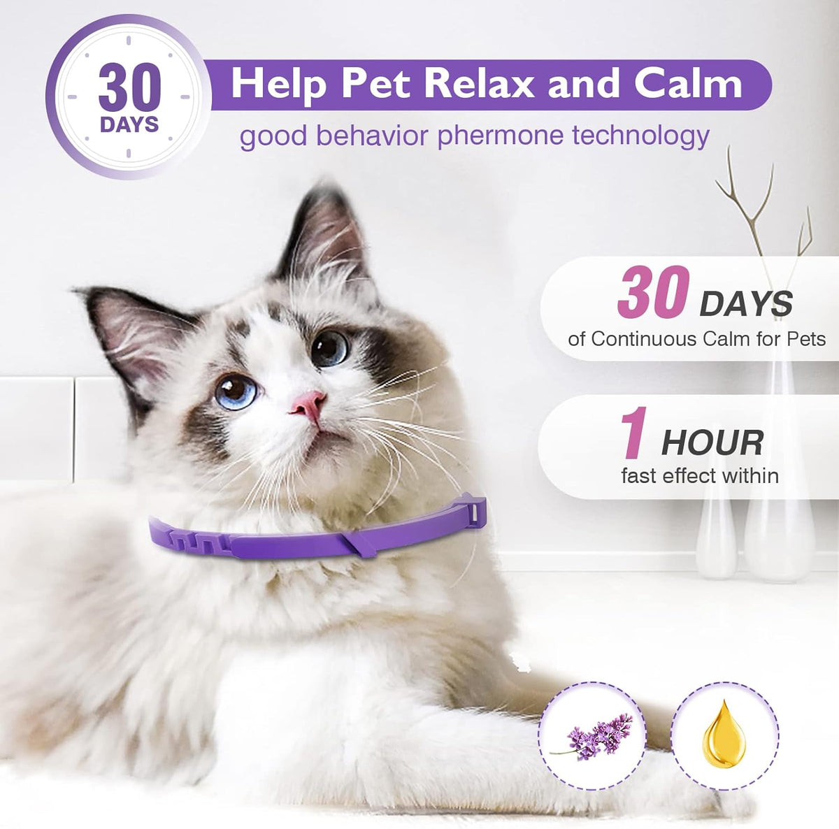 Three individually wrapped purple anxiety relief collars for cats in their original box