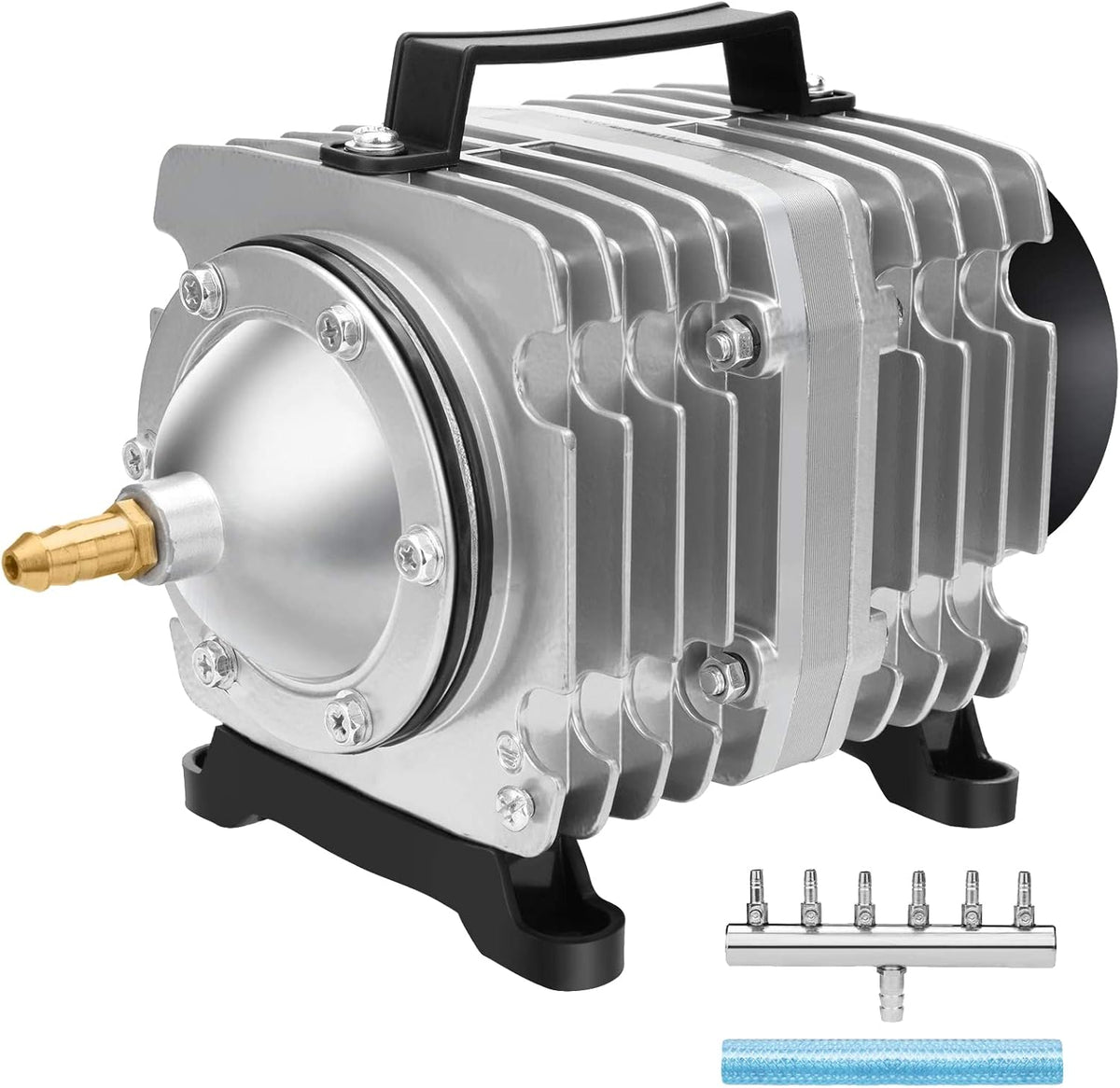 AquaMiracle commercial aquarium air pump front view with aluminum housing and metal manifold.