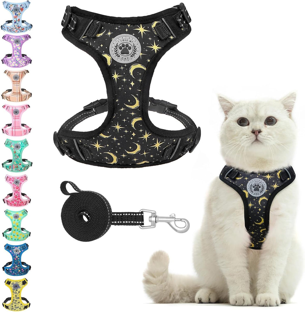 Beautyzoo escape proof cat harness and leash set front view celestial pattern