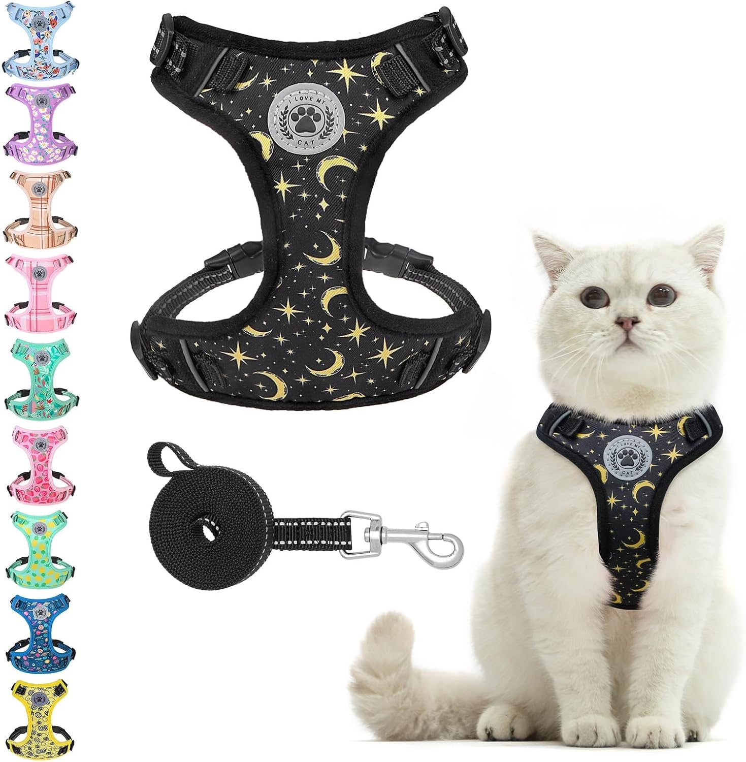 Beautyzoo escape proof cat harness and leash set front view celestial pattern