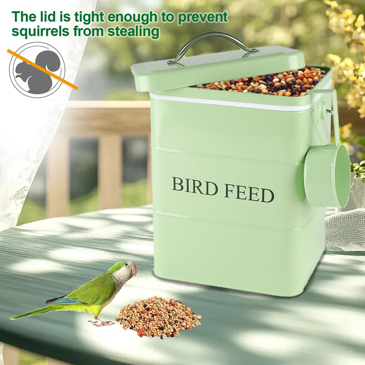 Brabtod metal bird seed container with included measuring scoop