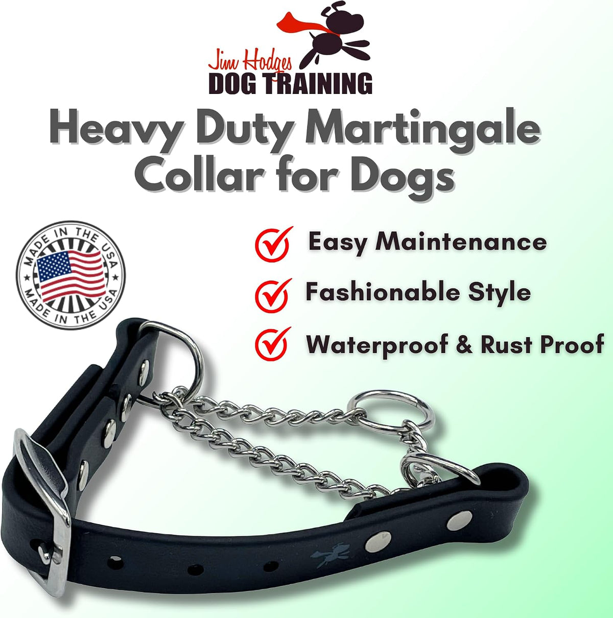 Black Biothane dog collar with stainless steel hardware highlighting the durable rustproof chain loop.