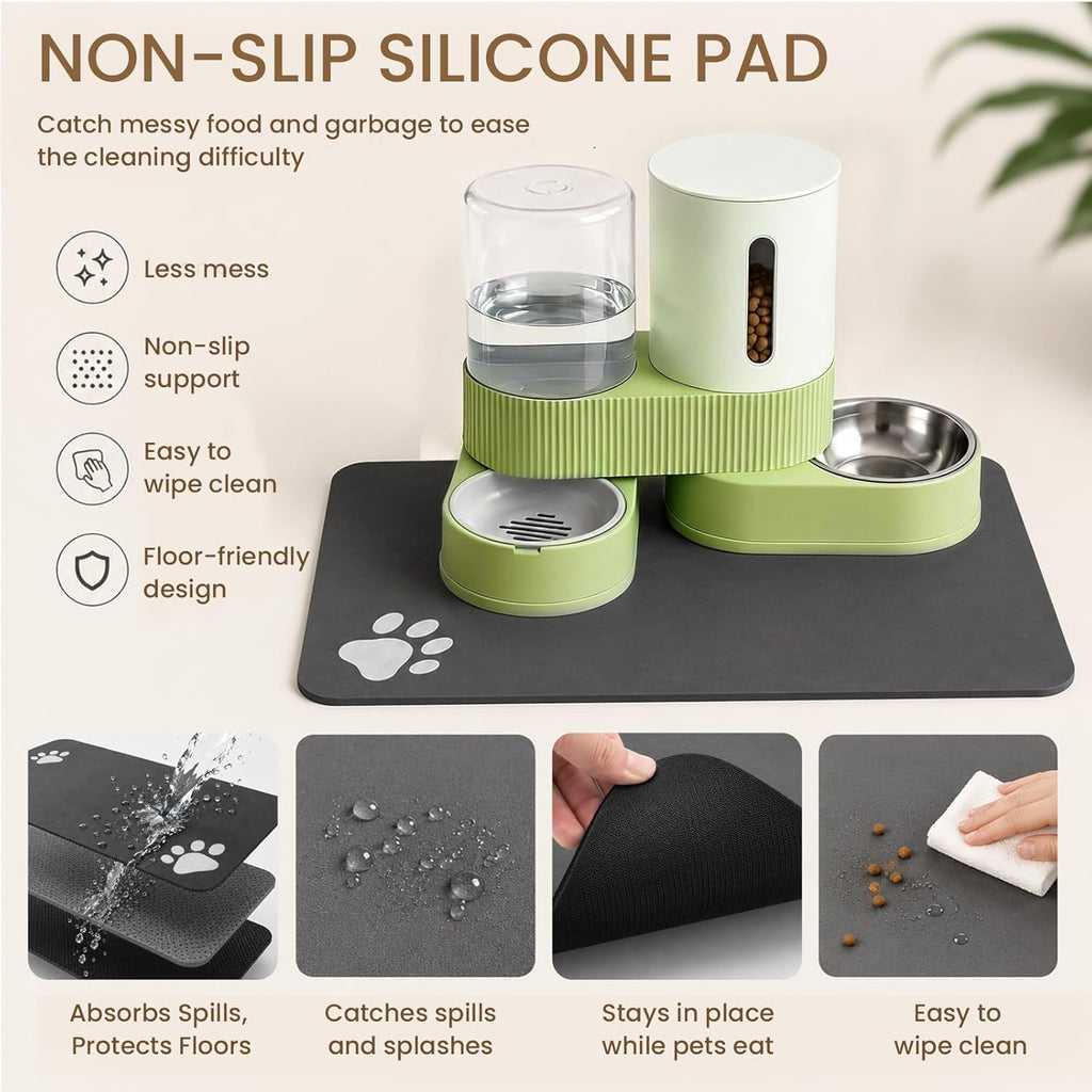 Premium non slip silicone pet mat catching kibble spills from green feeder