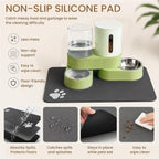 Premium non slip silicone pet mat catching kibble spills from green feeder
