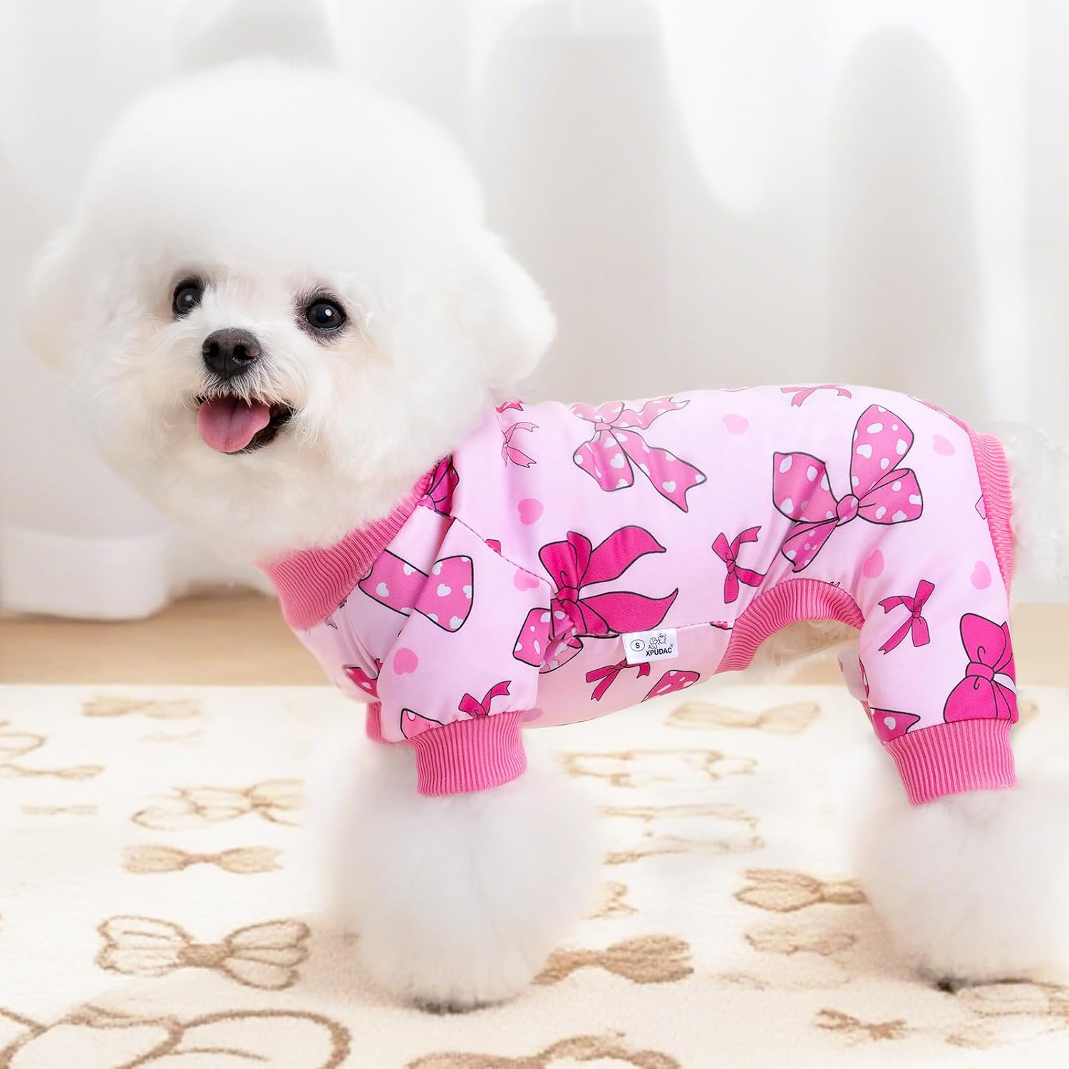 Close up fabric detail of the breathable and soft polyester blend pet pajama set.