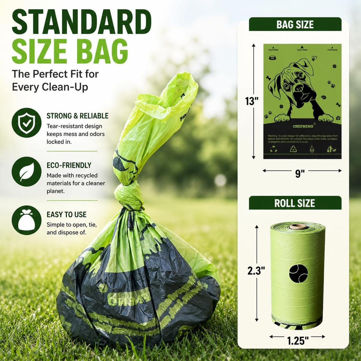 Chefneno dog waste pickup bags attached to a standard leash using the included hanger clip.