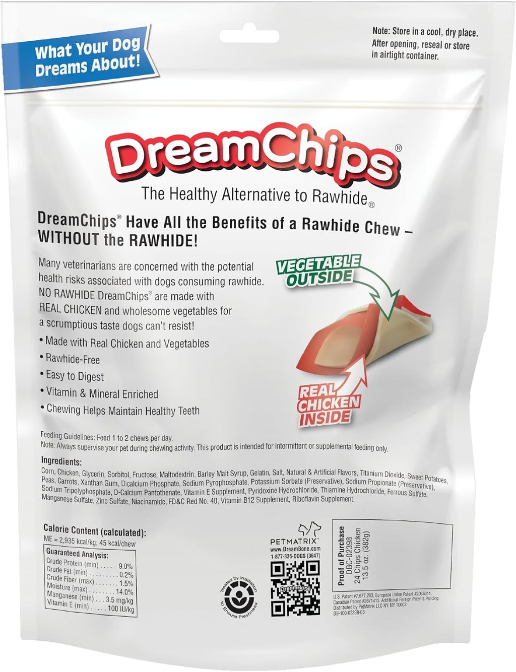 DreamBone rawhide free dog treats twenty four count pack back label