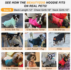 BEAUTYZOO imported pet hoodie demonstrating the snug fit around the neck and chest areas.