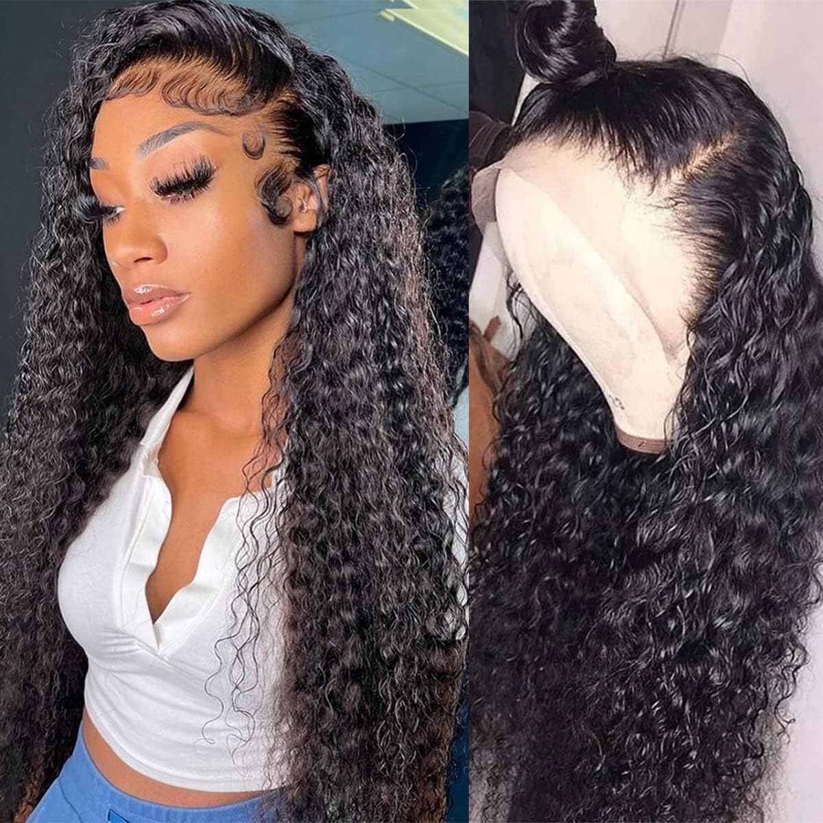 EMOL 13x4 Lace Front Human Hair Wig 22 Inch front view displaying deep curly wet and wavy texture