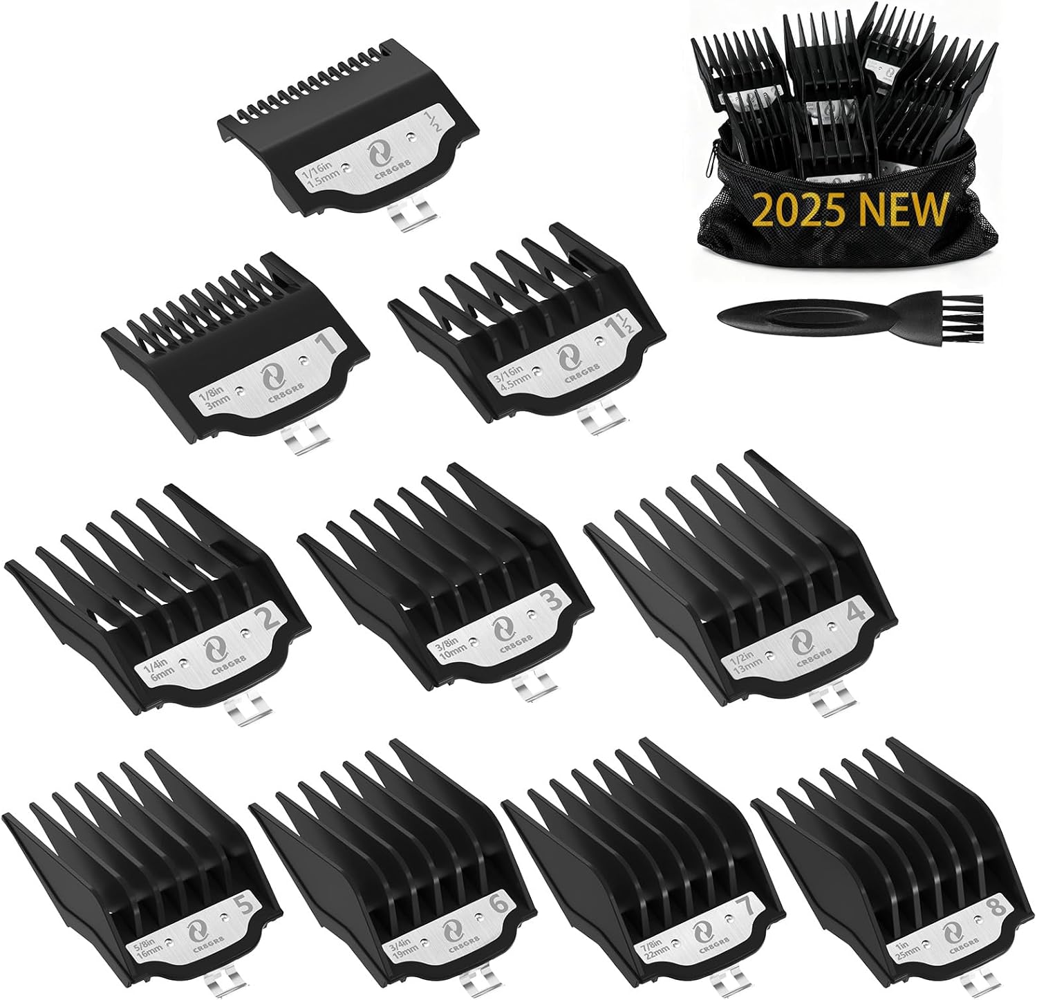 CR8GR8 Clipper Guards Set front view showcasing the ten professional cutting guides aligned together