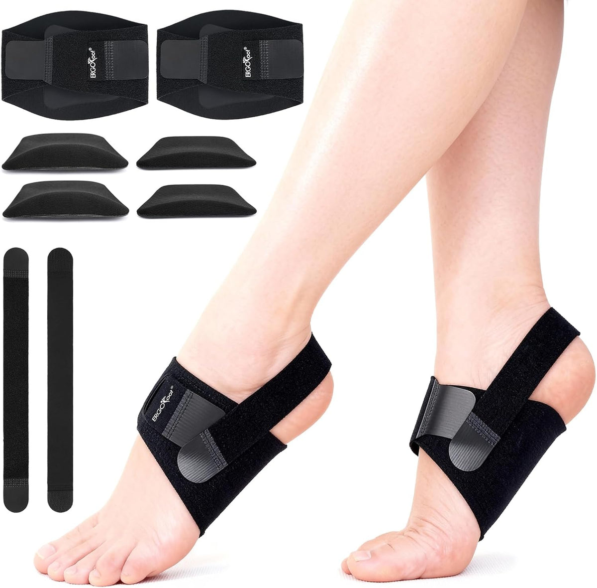 ERGOfoot Arch Support Brace front view showing adjustable black strap for plantar fasciitis relief.
