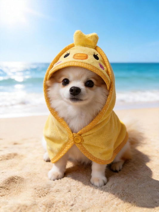 IOICYBF absorbent quick dry pet robe featuring embroidered yellow chicken hood