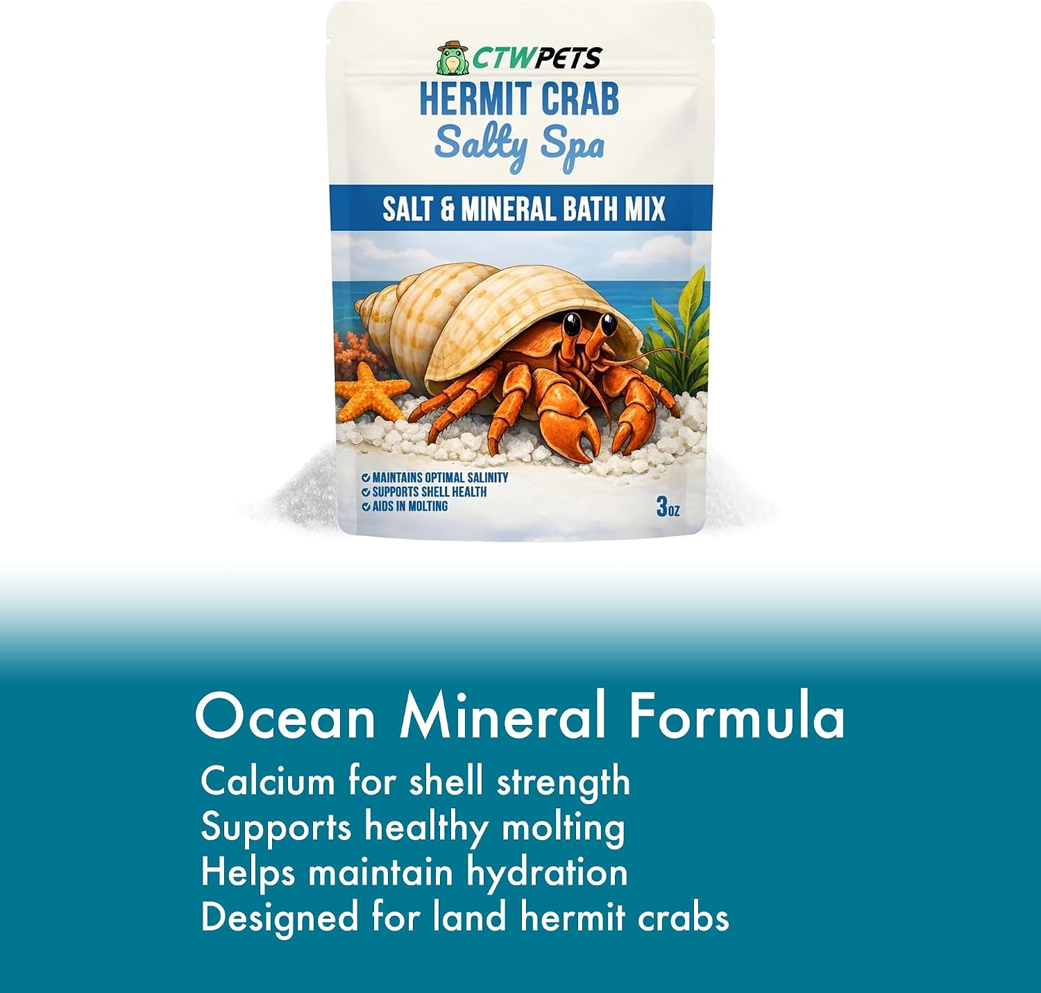 Directions for use on CTWPets Salty Spa hermit crab packaging