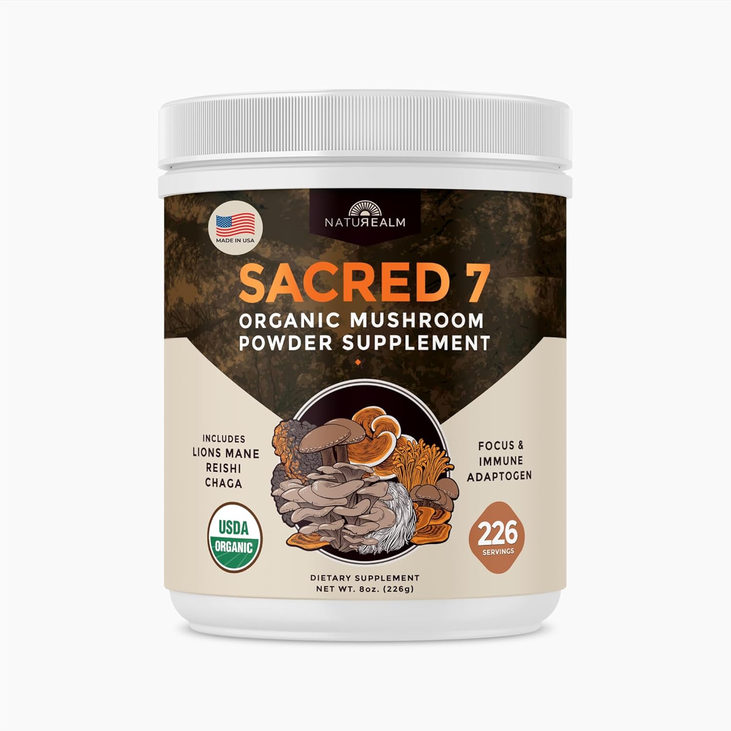 Naturealm Sacred 7 Organic Mushroom Powder front view jar for cognitive enhancement