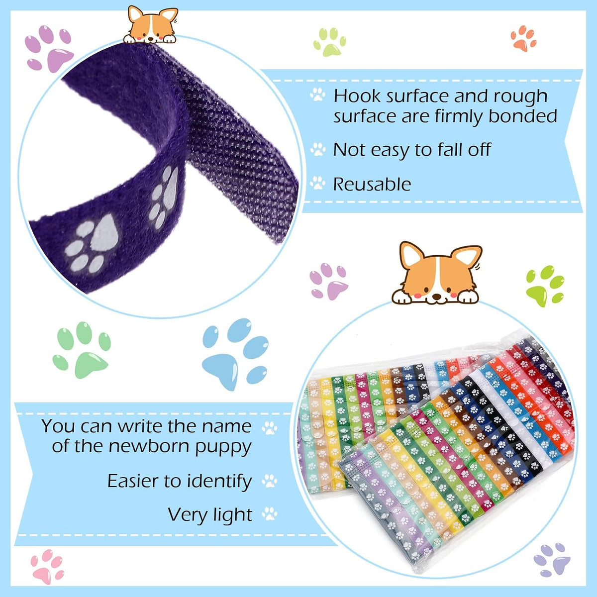 Frienda hook and loop adjustable closure mechanism on kitten and puppy identification bands
