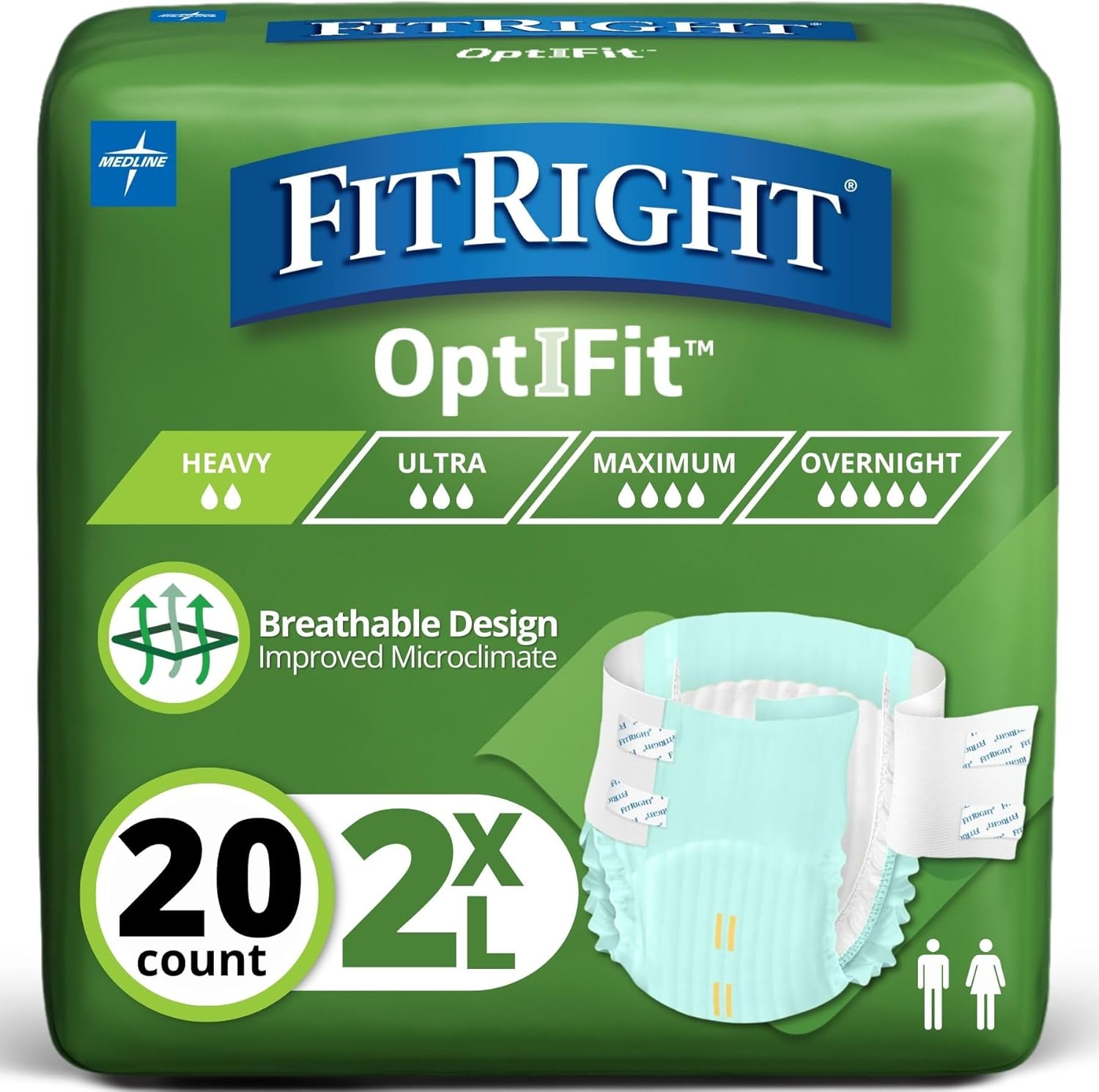 FitRight OptiFit Extra Adult Briefs 2XL 20 Count front packaging view showcasing advanced incontinence protection.