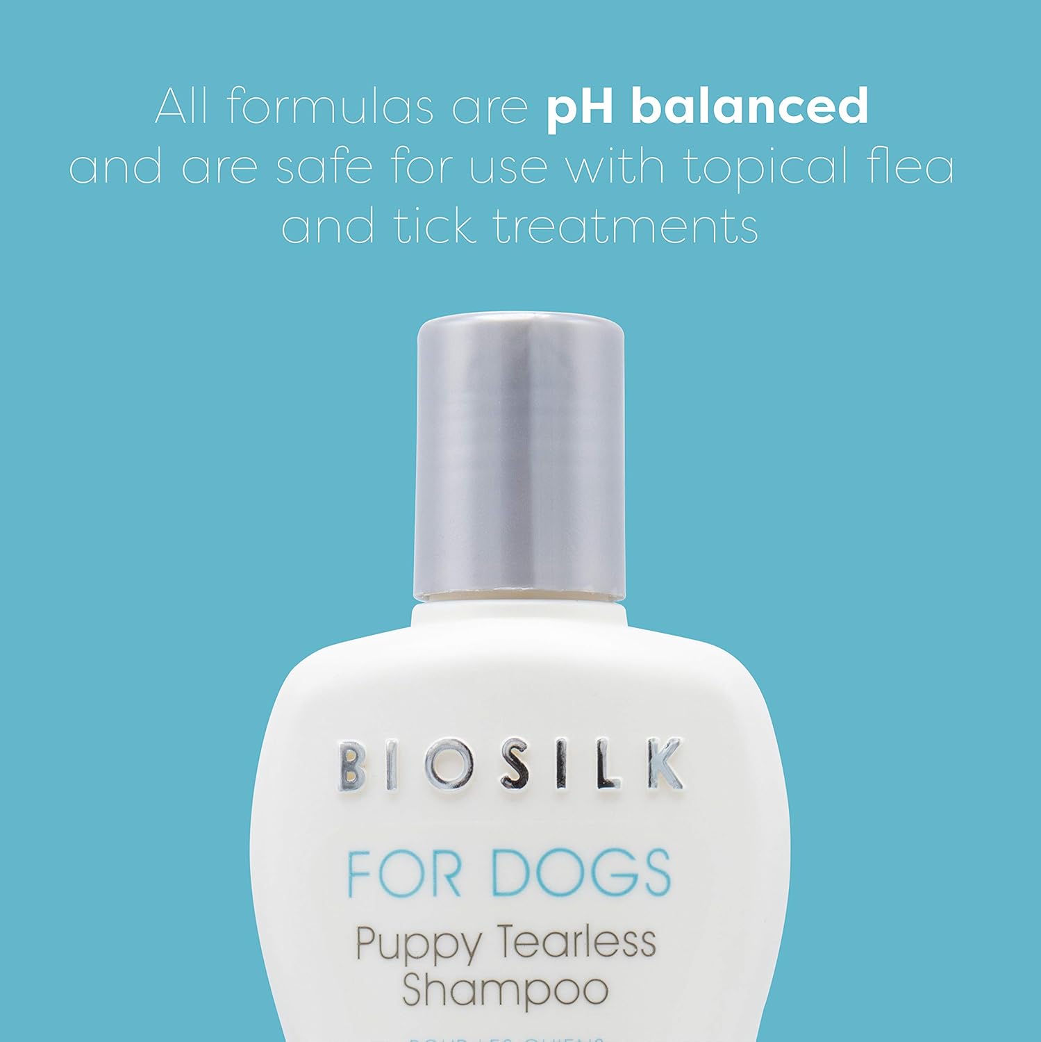 BioSilk Puppy Tearless Shampoo bottle label showing silk proteins feature
