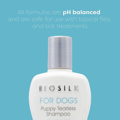 BioSilk Puppy Tearless Shampoo bottle label showing silk proteins feature