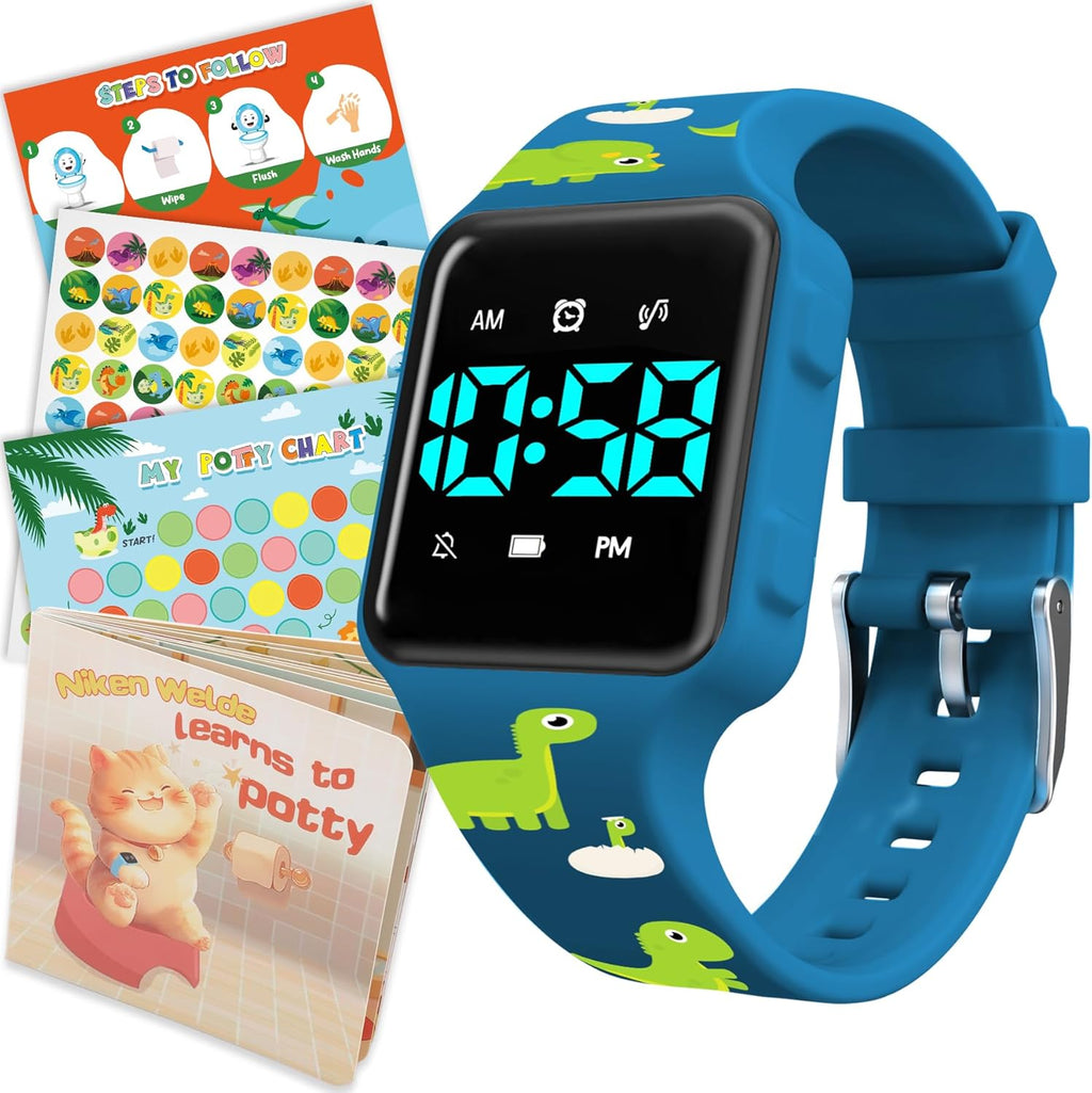 VTAIGE toddler potty training watch set front view with blue dinosaur reminder watch
