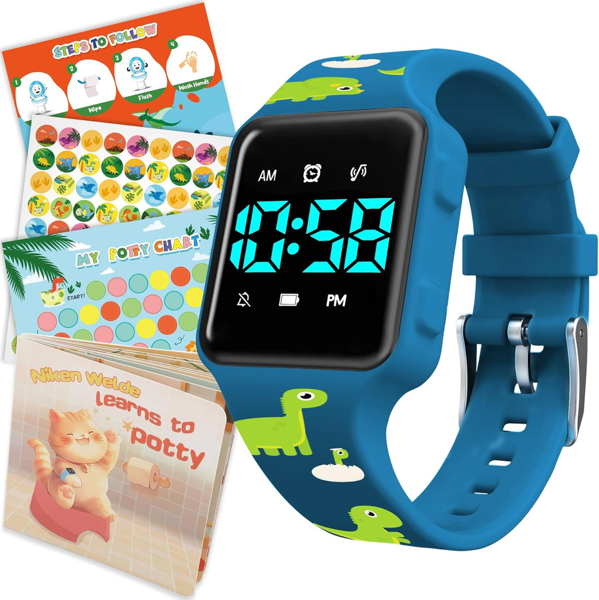 VTAIGE toddler potty training watch set front view with blue dinosaur reminder watch
