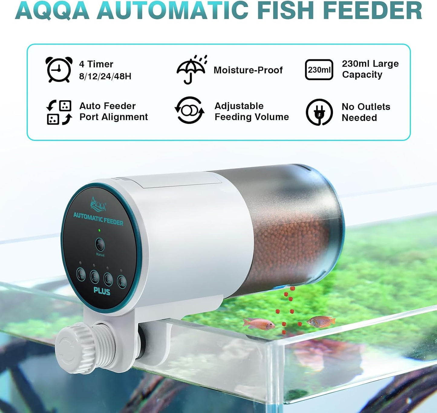 AQQA auto fish food dispenser mounted securely on the side rim of a glass aquarium tank