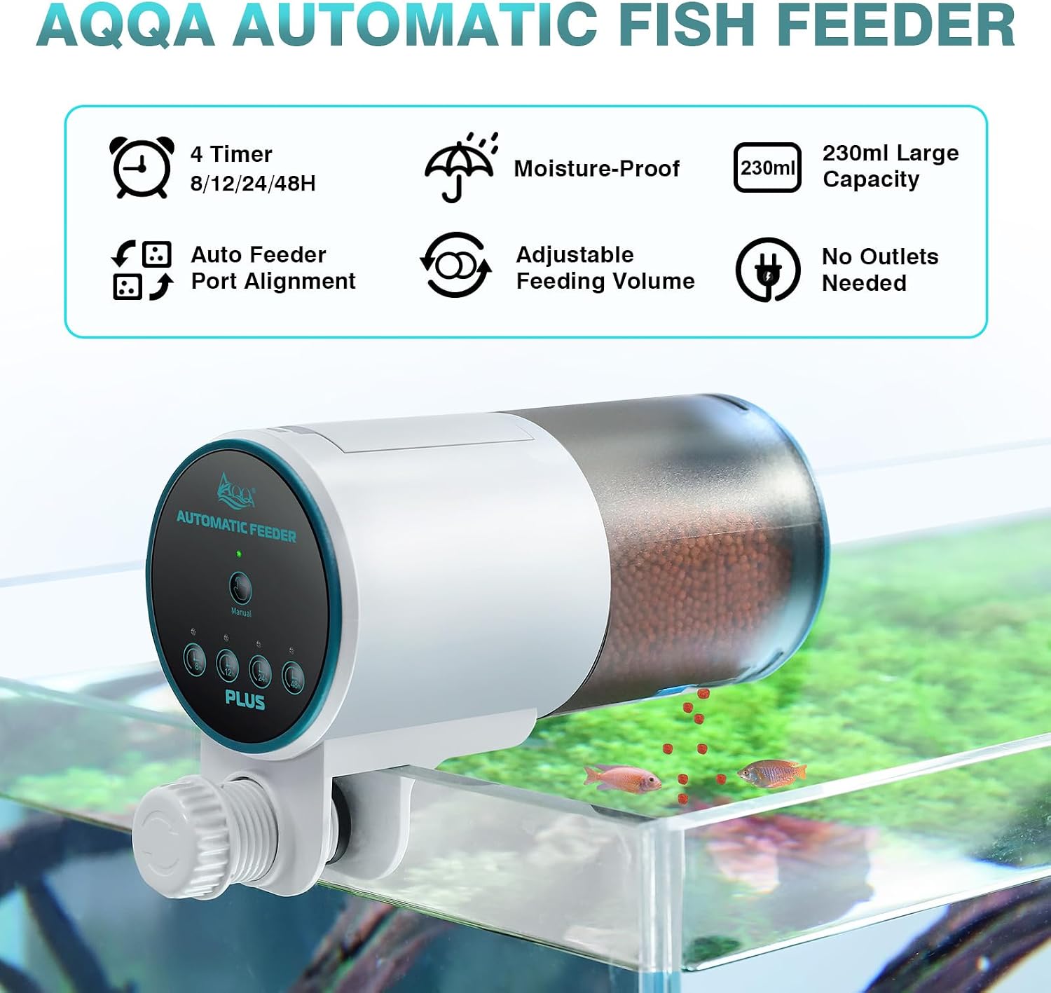 AQQA auto fish food dispenser mounted securely on the side rim of a glass aquarium tank