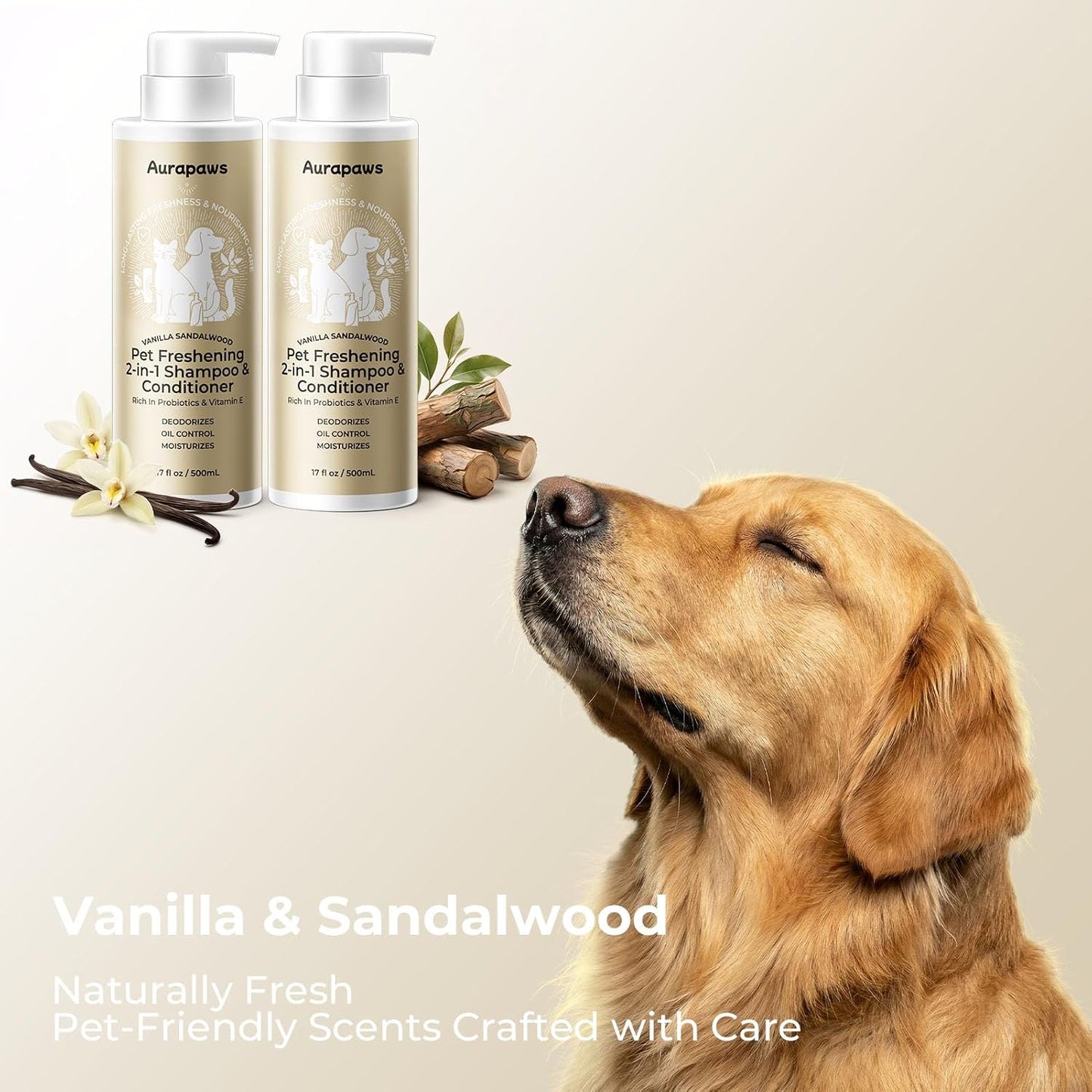 Aurapaws professional luxury dog shampoo set displayed on a grooming counter.