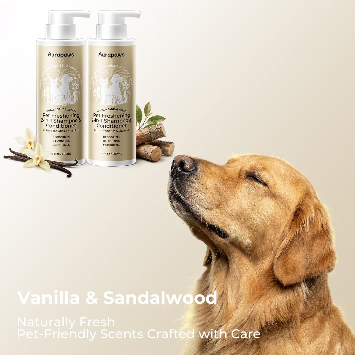 Aurapaws professional luxury dog shampoo set displayed on a grooming counter.