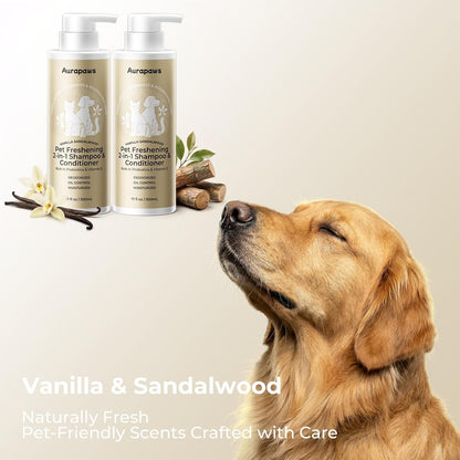 Aurapaws professional luxury dog shampoo set displayed on a grooming counter.