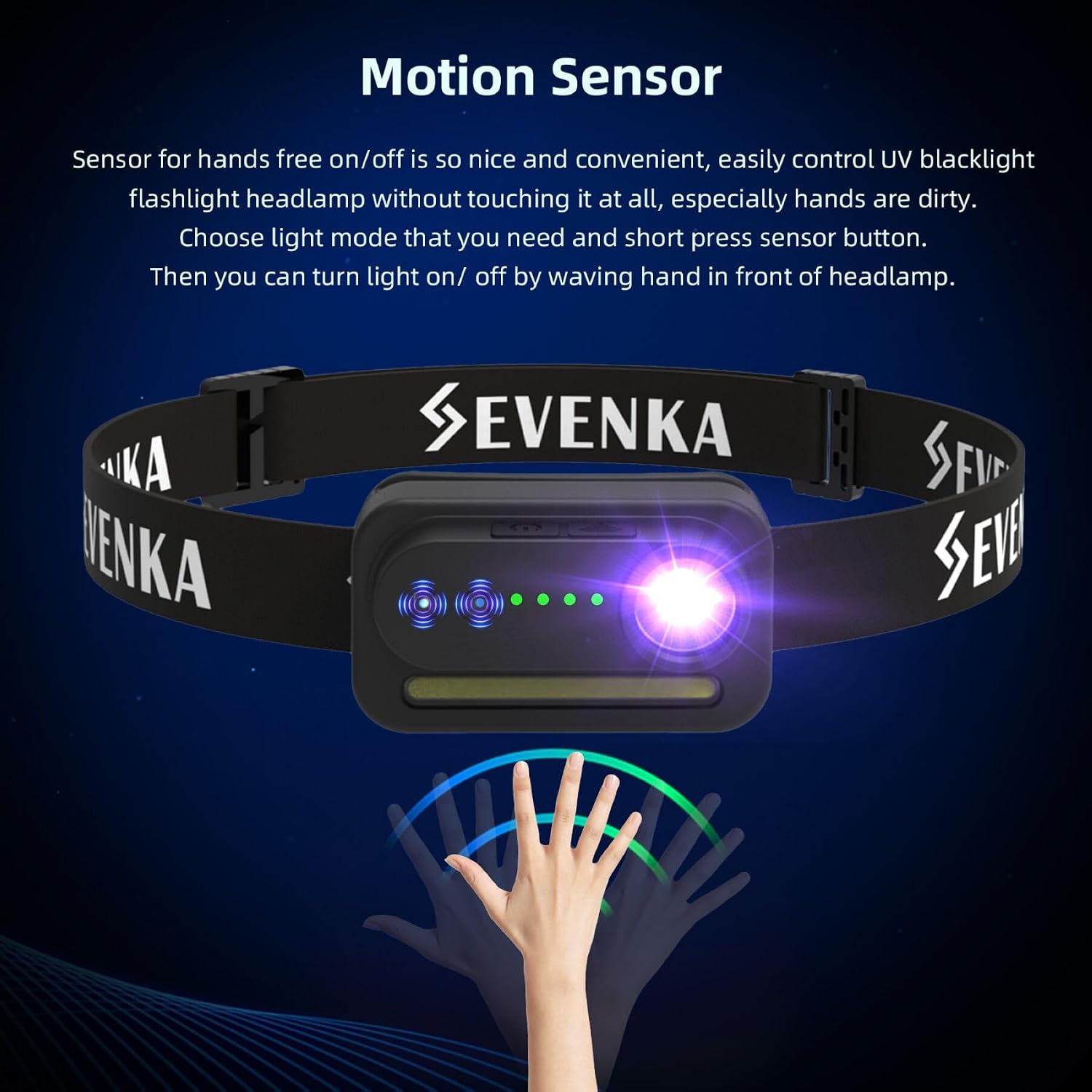 Pet urine detector headlamp utilizing 395nm UV light to spot hidden stains on dark carpets.