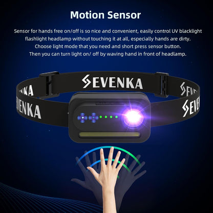 Pet urine detector headlamp utilizing 395nm UV light to spot hidden stains on dark carpets.