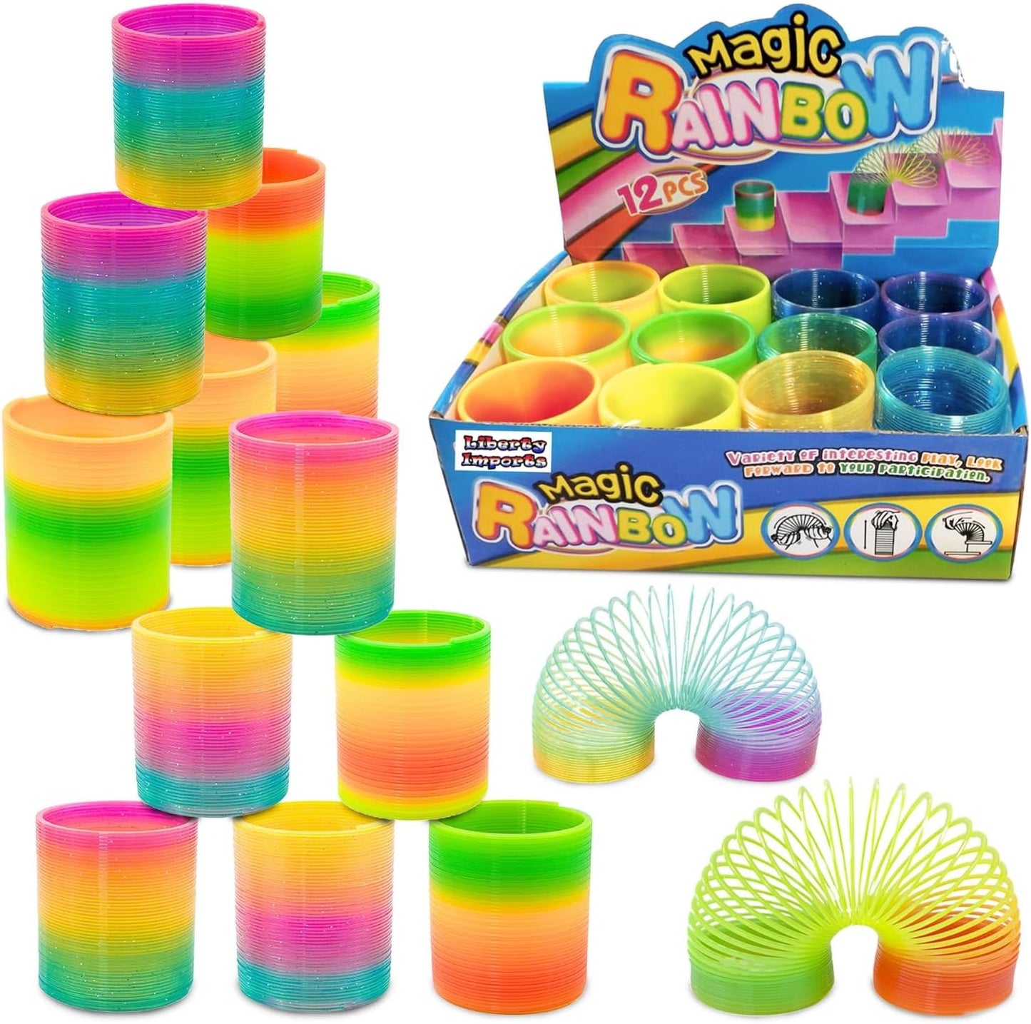 Liberty Imports Magic Rainbow Coil Springs front view of retail packaging containing twelve colorful neon plastic toys.