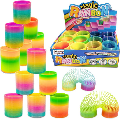 Liberty Imports Magic Rainbow Coil Springs front view of retail packaging containing twelve colorful neon plastic toys.